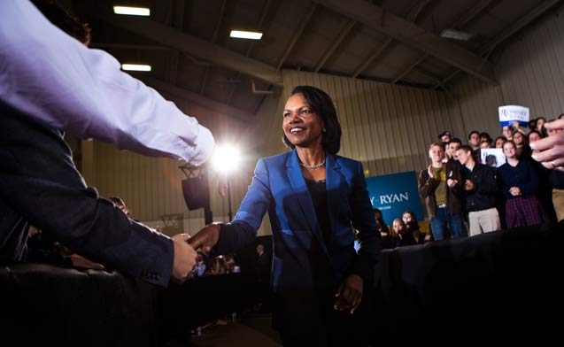 Former Secretary of State Condoleeza Rice arrives at a campaign event for Republican vice presidential candidate Rep. Paul Ryan (R-Wis.) at Baldwin Wallace University in Berea, Ohio, Oct. 17, 2012. (Photo: Max Whittaker / The New York Times)